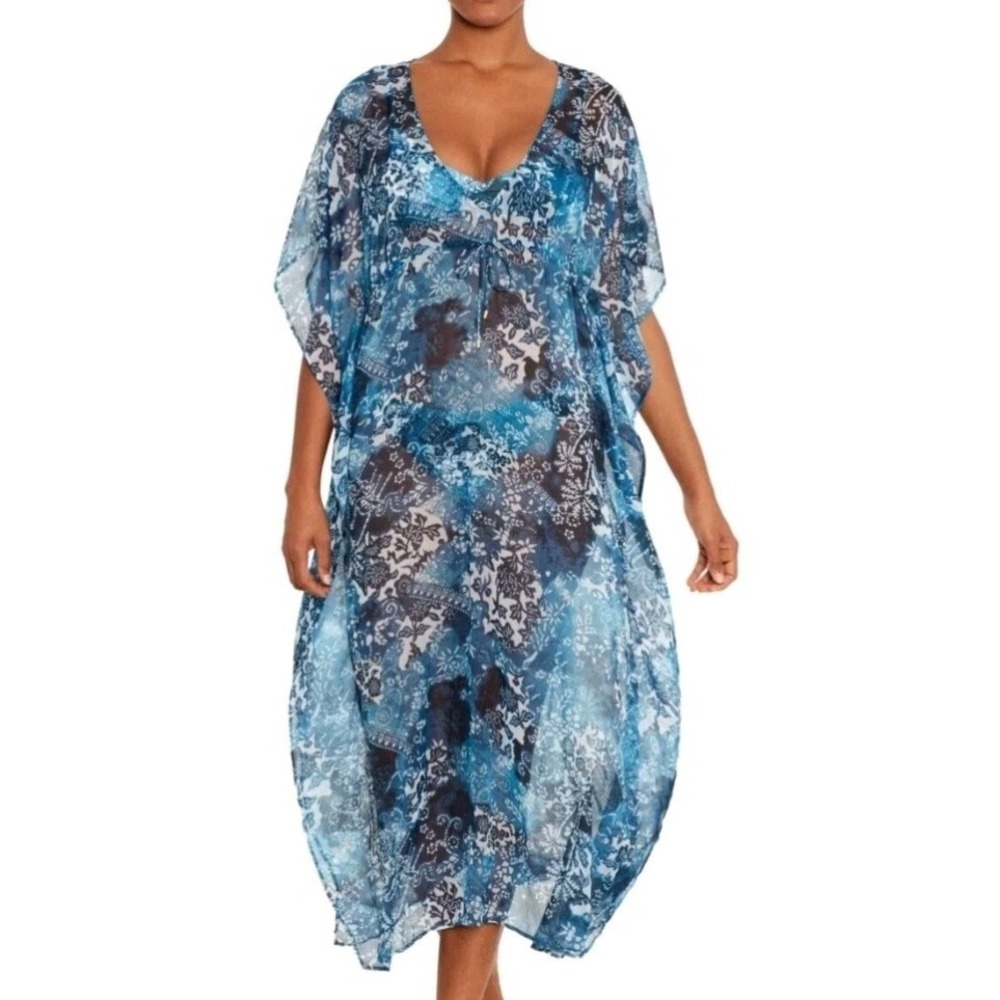 Ralph‎ Lauren Womens Indigo Patchwork Midi Caftan Cover Up Multicolor XSmall
